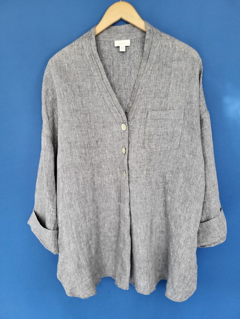 Pure Jill J. Jill Linen XL Petite Top Grey Pullover 3/4 Sleeve V-Neck